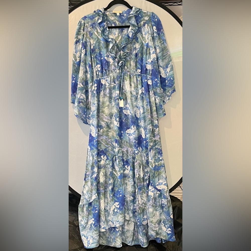 Blue and Green Resort Maxi Dress with Notched Collar
